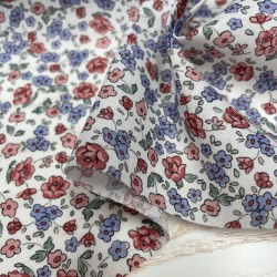 Voile di cotone Bio, Bianco con Fiori Celesti e Rosa