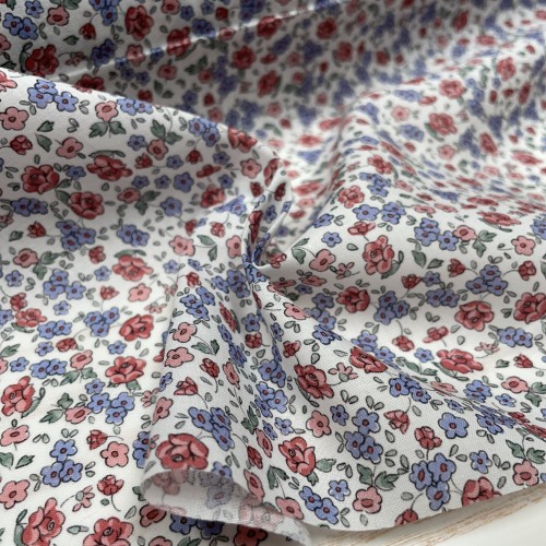 Voile di cotone Bio, Bianco con Fiori Celesti e...