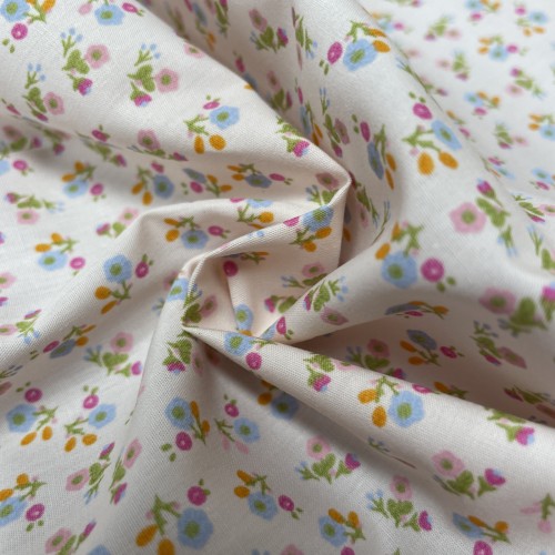 Cotone Popeline 50s,Bio  Rosa con fiori celesti...