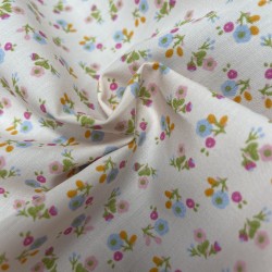 Cotone Popeline 50s,Bio  Rosa con fiori celesti  e rosa