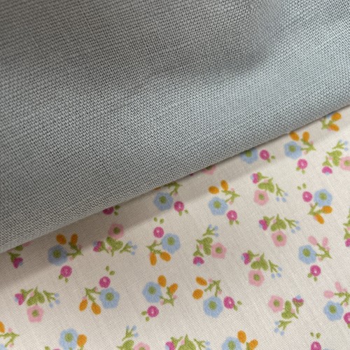 Cotone Popeline 50s,Bio  Rosa con fiori celesti...