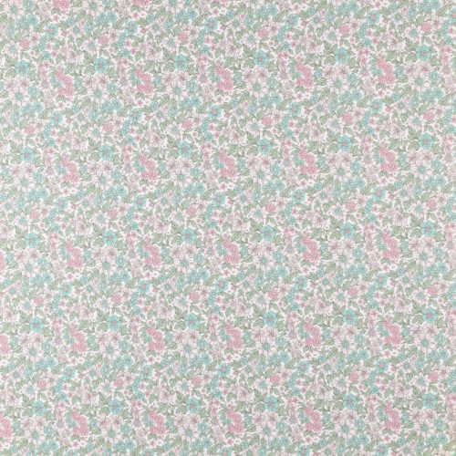 Voile di cotone, Bianco con Fiori Rosa e Verde...