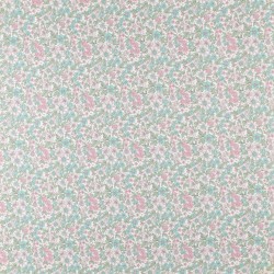 Voile di cotone, Bianco con Fiori Rosa e Verde acqua