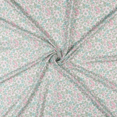 Voile di cotone, Bianco con Fiori Rosa e Verde...