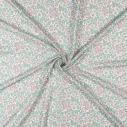 Voile di cotone, Bianco con Fiori Rosa e Verde acqua