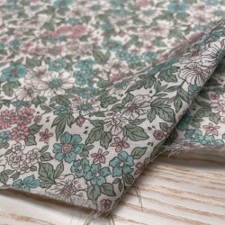 Voile di cotone, Bianco con Fiori Rosa e Verde acqua