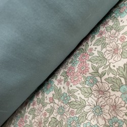 Voile di cotone, Bianco con Fiori Rosa e Verde acqua