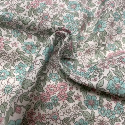 Voile di cotone, Bianco con Fiori Rosa e Verde acqua