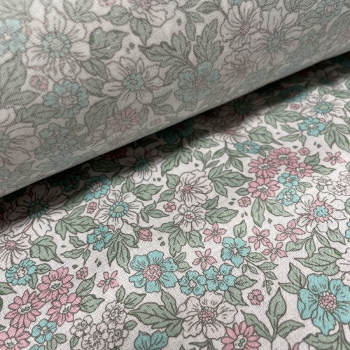 Voile di cotone, Bianco con Fiori Rosa e Verde...