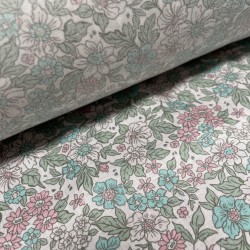 Voile di cotone, Bianco con Fiori Rosa e Verde acqua