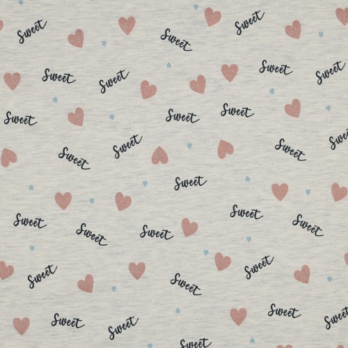 Jersey Melange, Glitter, Ecru con Cuori