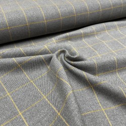 Tartan Scozzese, Misto Viscosa-Poliamide , Grigio con Quadri Ocra