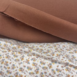 Flanella di cotone Bio, Bianco, Fiori Turchesi e Senape