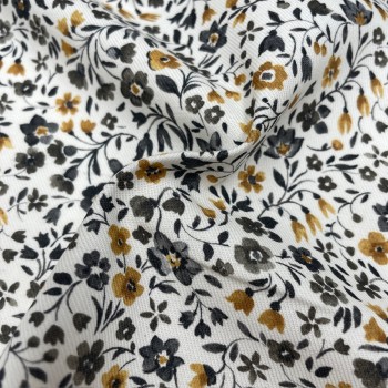 Flanella di cotone Bio, Base Bianca con Fiori Senape e Grigi