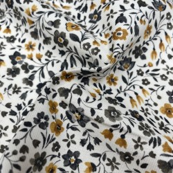Flanella di cotone Bio, Base Bianca con Fiori Senape e Grigi