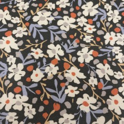 Flanella di cotone Bio, Base nera con fiori bianchi , celesti e arancioni