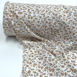 Flanella di cotone Bio, Bianco, Fiori Turchesi e Senape