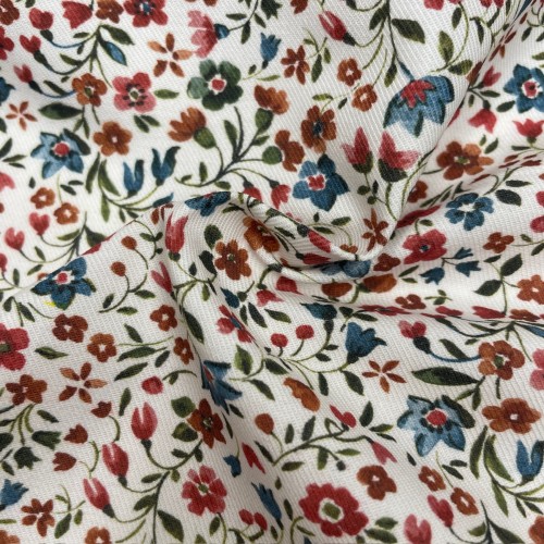 Flanella di cotone Bio, Fiori Rossi e Celesti