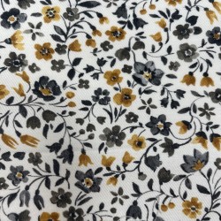 Flanella di cotone Bio, Base Bianca con Fiori Senape e Grigi