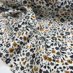 Flanella di cotone Bio, Base Bianca con Fiori Senape e Grigi