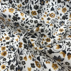 Flanella di cotone Bio, Base Bianca con Fiori Senape e Grigi