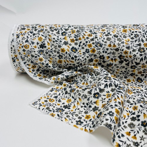 Flanella di cotone Bio, Base Bianca con Fiori...