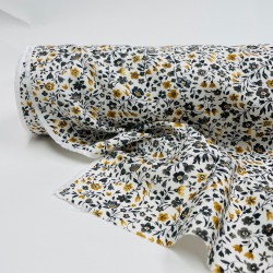 Flanella di cotone Bio, Base Bianca con Fiori Senape e Grigi
