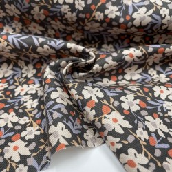 Flanella di cotone Bio, Base nera con fiori bianchi , celesti e arancioni