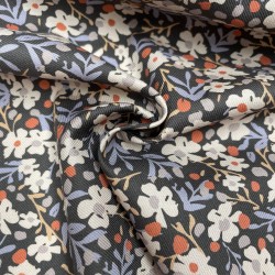 Flanella di cotone Bio, Base nera con fiori bianchi , celesti e arancioni