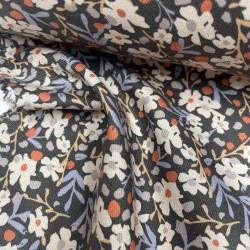 Flanella di cotone Bio, Base nera con fiori bianchi , celesti e arancioni