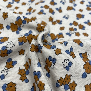 Jersey di Cotone/Lino, Ecru con Fiori pesca e blu
