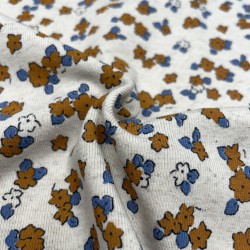Jersey di Cotone/Lino, Ecru con Fiori pesca e blu