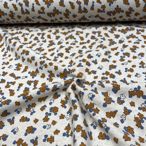 Jersey di Cotone/Lino, Ecru con Fiori pesca e blu