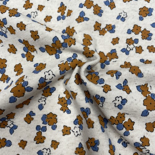 Jersey di Cotone/Lino, Ecru con Fiori pesca e blu