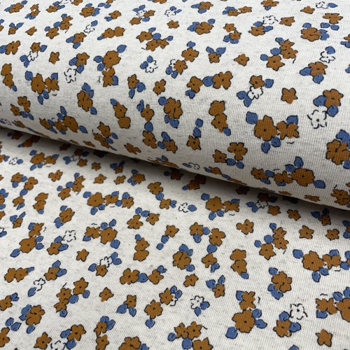 Jersey di Cotone/Lino, Ecru con Fiori pesca e blu