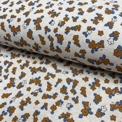 Jersey di Cotone/Lino, Ecru con Fiori pesca e blu