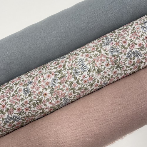 Voile di cotone Bio, Fiori Celesti e Rosa con...
