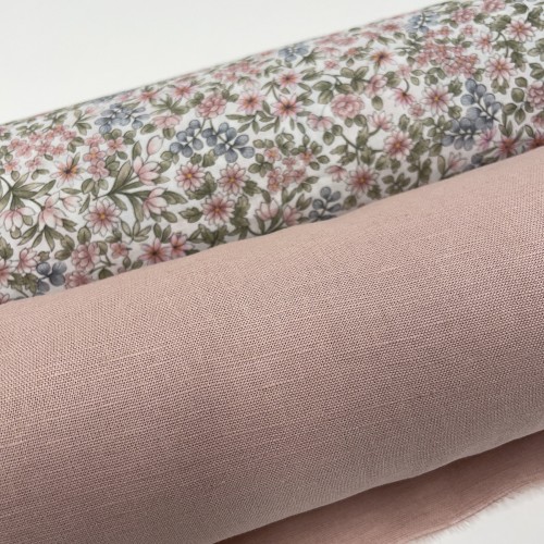 Voile di cotone Bio, Fiori Celesti e Rosa con...