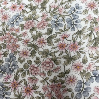 Voile di cotone Bio, Fiori Celesti e Rosa con Foglie Verdi. 2