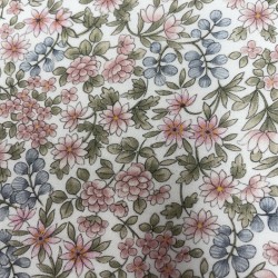Voile di cotone Bio, Fiori Celesti e Rosa con Foglie Verdi.