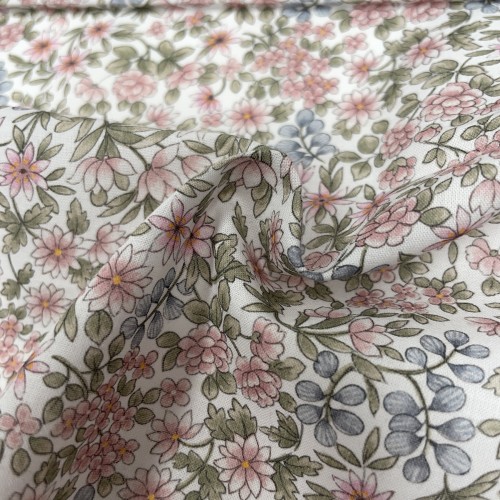 Voile di cotone Bio, Fiori Celesti e Rosa con...