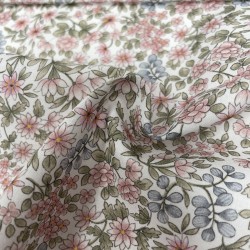 Voile di cotone Bio, Fiori Celesti e Rosa con Foglie Verdi.