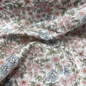 Voile di cotone Bio, Fiori Celesti e Rosa con Foglie Verdi.