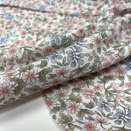 Voile di cotone Bio, Fiori Celesti e Rosa con...