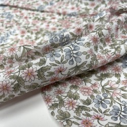 Voile di cotone Bio, Fiori Celesti e Rosa con Foglie Verdi.