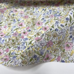 Voile di cotone Bio, Fiori Celesti e Viola con Foglie Verdi.