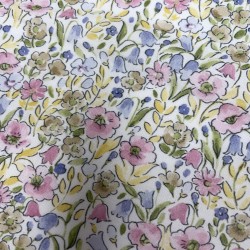 Voile di cotone Bio, Fiori Celesti e Viola con Foglie Verdi.