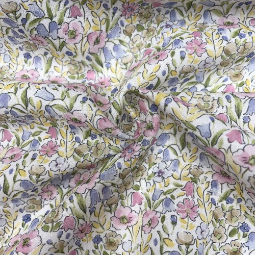 Voile di cotone Bio, Fiori Celesti e Viola con...