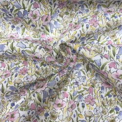 Voile di cotone Bio, Fiori Celesti e Viola con Foglie Verdi.