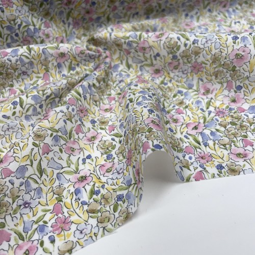 Voile di cotone Bio, Fiori Celesti e Viola con...